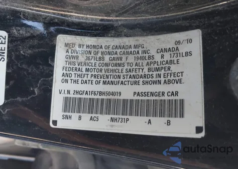2011 Honda Civic Lx-S from USA, damaged, VIN 2HGFA1F67BH504019